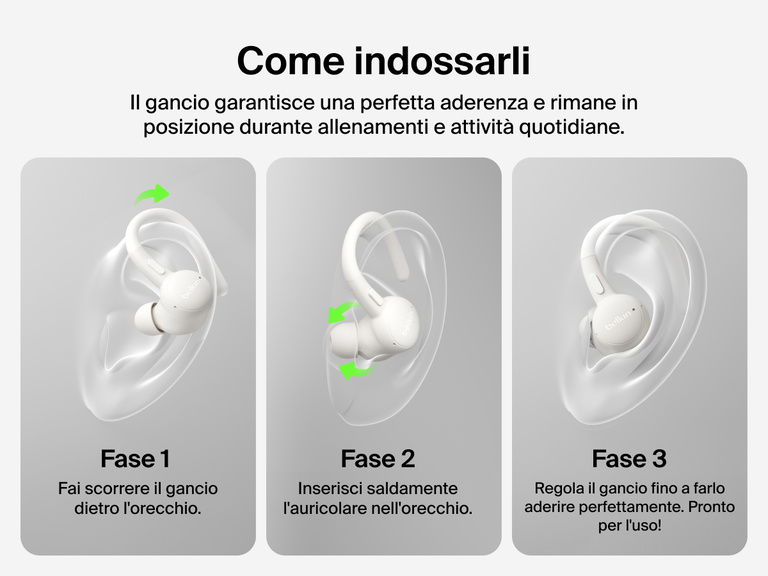 Belkin SoundForm ActiveFit Wireless Earbuds with secure hook design, shown in a step-by-step guide for wearing during workouts and daily use.