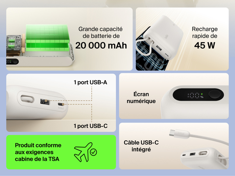 Belkin UltraCharge 20K 45W power bank with integrated USB-C cable, digital display, dual ports, and high-capacity battery for fast, travel-ready charging