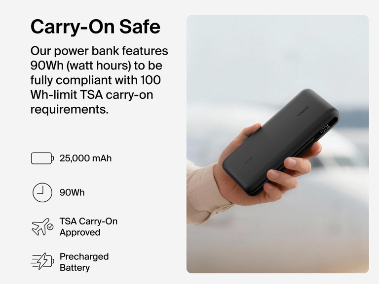 Belkin UltraCharge Pro Laptop Power Bank 25K handheld portable charger with 25,000 mAh capacity and 90Wh TSA carry-on compliant battery for travel
