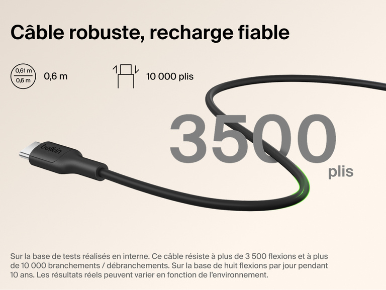 Belkin BoostCharge Slim Magnetic Power Bank 5K with Qi2 includes a durable USB-C to USB-C cable designed for long-lasting, reliable charging performance.