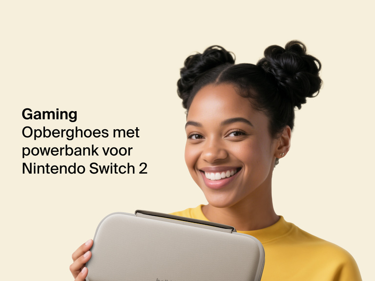 Smiling woman in a yellow shirt holds the Belkin Gaming Charging Case for Nintendo Switch 2, designed for portable protection and on-the-go charging.