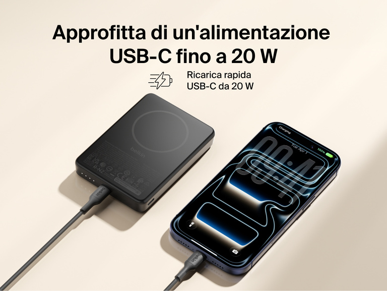Belkin BoostCharge Slim Magnetic Power Bank 10K delivering 20W USB-C fast charging to a smartphone via cable alongside portable battery design