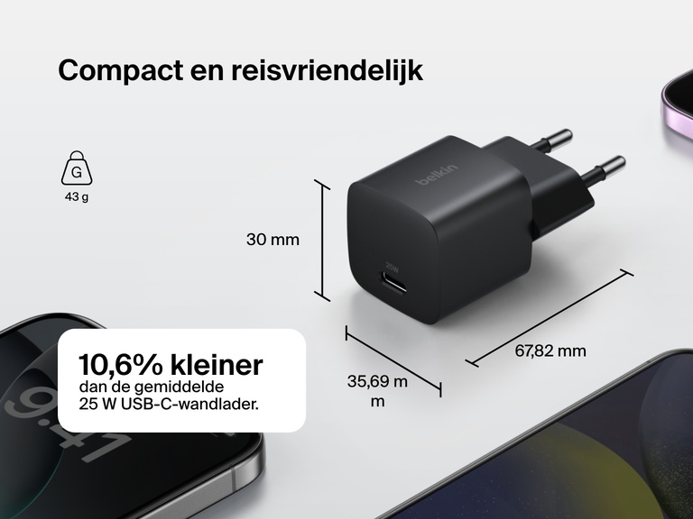 Belkin BoostCharge USB-C Wall Charger 25W shown with foldable prongs, compact dimensions, and 48% smaller size compared to standard 25W USB-C chargers for enhanced portability.