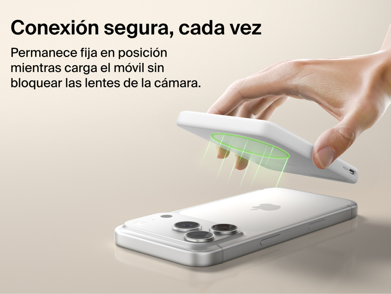 Belkin BoostCharge Slim Magnetic Power Bank 5K with Qi2 featuring a secure magnetic ring that aligns accessories and attaches firmly without obstructing the phone camera.