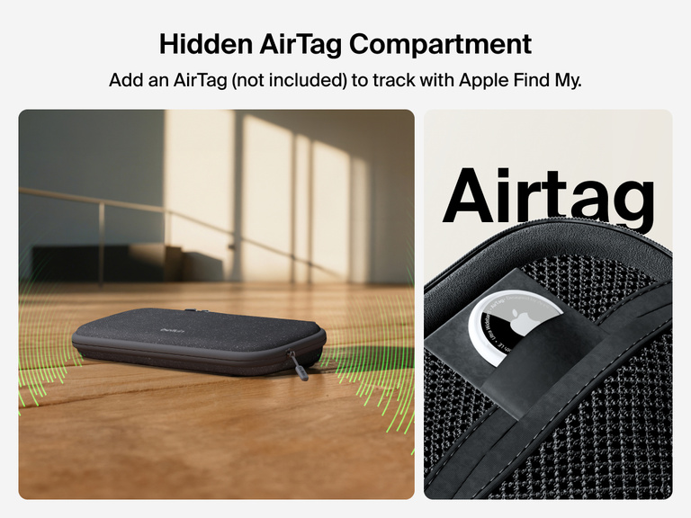 Belkin Gaming Travel Case for Nintendo Switch 2 shown with a hidden AirTag compartment, allowing tracking via Apple Find My (AirTag not included).