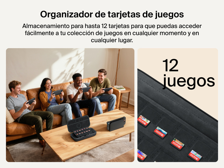 Four friends play on Nintendo Switch 2 consoles while the Belkin Gaming Charging Case sits open on the table, highlighting its built-in sleeve that securely stores up to 12 game cards.