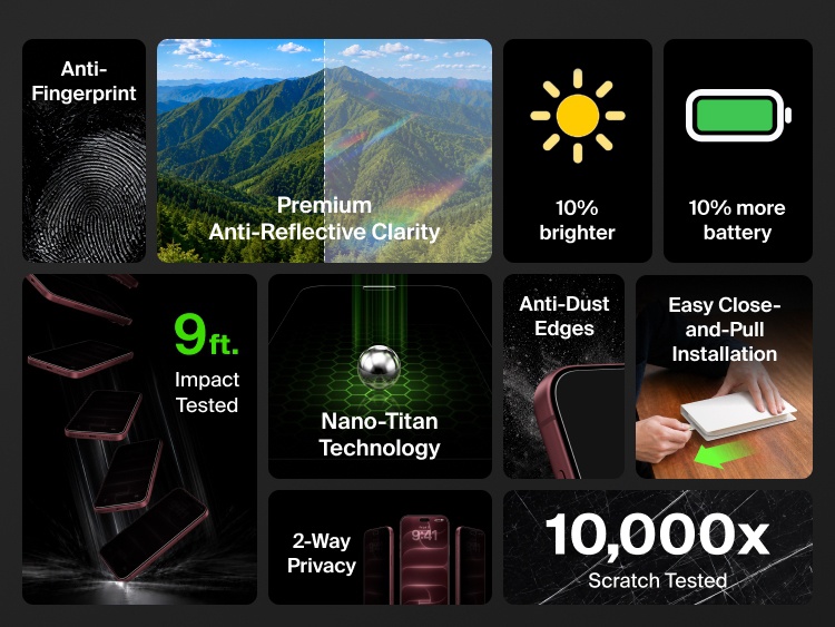 Belkin Titan SmartShield Bright Privacy Screen Protector for iPhone 18 featuring 2-way privacy, anti-reflective clarity, 9-foot impact protection, scratch resistance, anti-dust edges and anti-fingerprint technology.