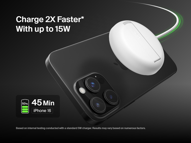 Belkin BoostCharge Proマグネット式ワイヤレス充電パッド（Qi215W、ホワイト）でiPhone 16を充電する様子が示されています。15Wの急速充電により、45分で最大50%まで充電できる点が強調されています。