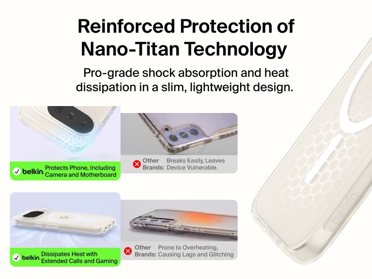 Belkin Clear Series Case for Google Pixel 11 with Nano-Titan technology for advanced shock absorption and heat dissipation in a slim, lightweight design.