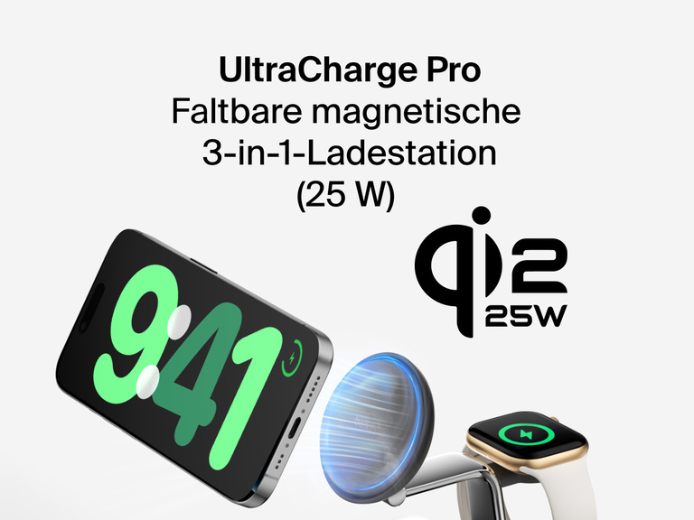 Die Belkin UltraCharge Pro magnetische 3-in-1-Ladestation mit Qi2 25W lädt iPhone, Apple Watch und AirPods gleichzeitig schnell auf.