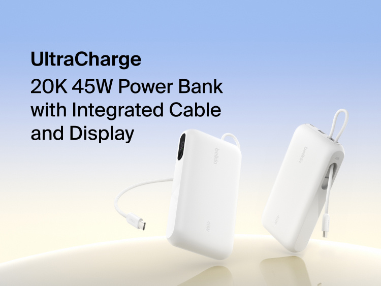 Belkin UltraCharge 20K 45W power bank with integrated USB-C cable and digital display showing portable high-capacity fast charging solution
