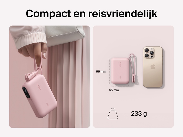 De Belkin BoostCharge 10.000mAh-powerbank met display is afgebeeld in een hand en naast een smartphone, om de compacte, reisvriendelijke vormgeving met afmetingen van 96 x 65 mm en een gewicht van slechts 233 g te benadrukken.