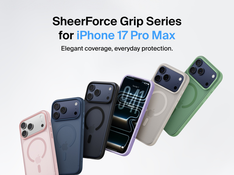 Belkin SheerForce Grip Series protective case for iPhone 17 shown in pink, clear, and black with slim design and MagSafe compatibility.