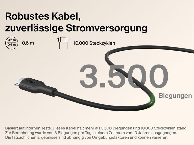 Belkin BoostCharge Slim Magnetic Power Bank 5K with Qi2 includes a durable USB-C to USB-C cable designed for long-lasting, reliable charging performance.