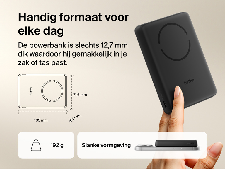 Belkin BoostCharge Slim Magnetic Power Bank 10K slim portable design with compact dimensions and lightweight build for easy pocket storage