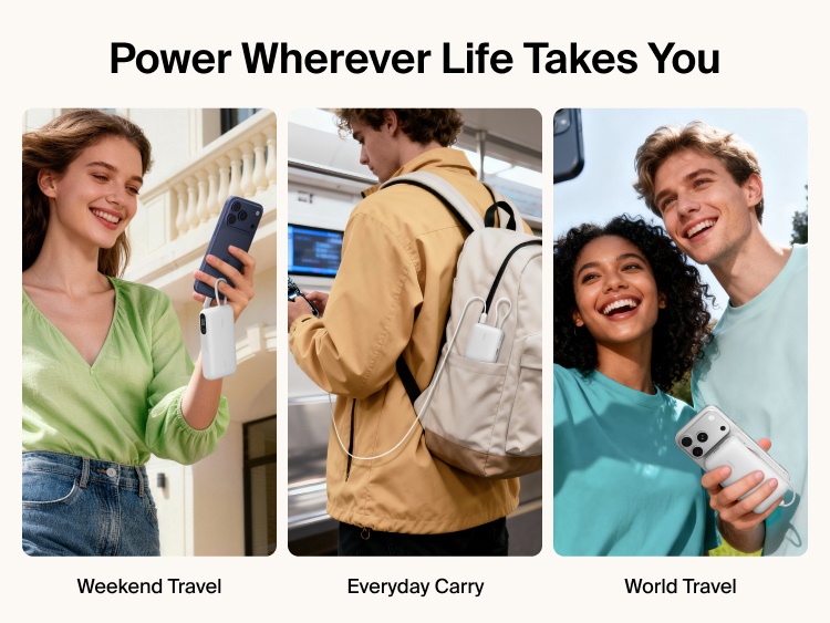 Belkin UltraCharge 10K power bank with integrated USB-C cable and digital display used for portable charging during travel, commuting, and everyday carry