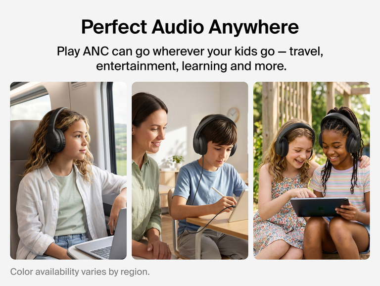 Children wearing SoundForm Play Active Noise Cancelling Headphones for Kids while traveling, studying, and playing outdoors