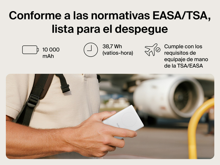 Belkin UltraCharge Pro Power Bank 10K with magnetic ring shown in hand at an airport, highlighting TSA-compliant 10,000 mAh capacity for travel-ready portable charging.