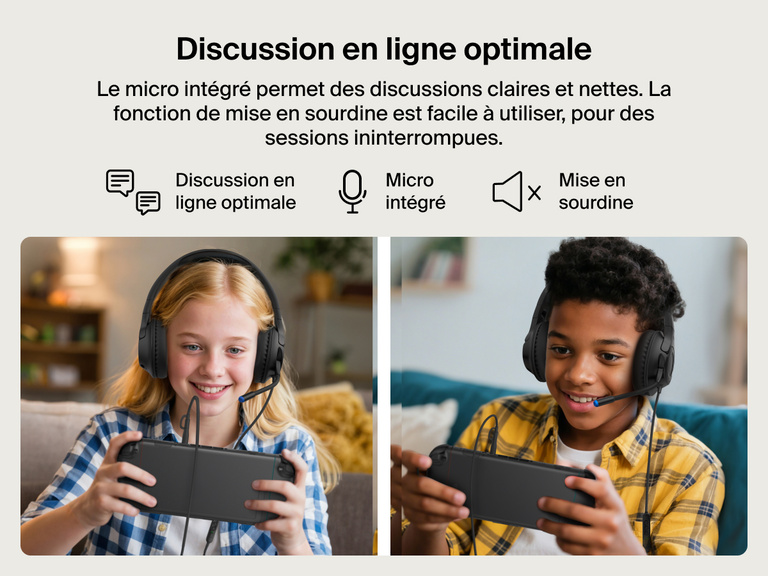 Image de deux enfants utilisant le casque audio filaire Belkin Gaming Inspire pour enfants compatible Nintendo Switch 2 et qui met en avant le micro intégré et la fonction de mise en sourdine.