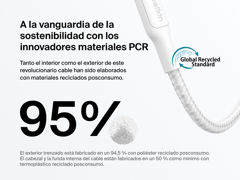 Belkin BoostCharge Pro USB-C to USB-C Braided Cable 240W shown with sustainability callouts highlighting 95% recycled materials and Global Recycled Standard certification.