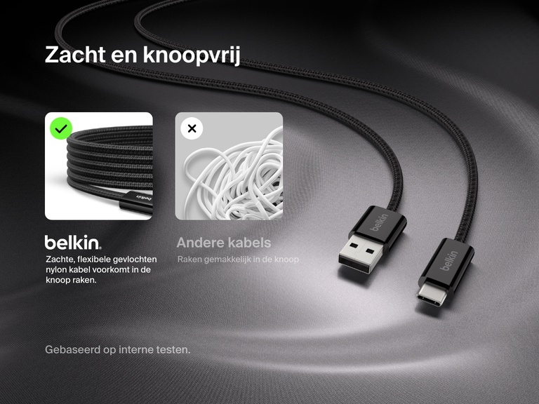 Afbeelding van de Belkin BoostCharge 15 W USB-A naar USB-C-kabel met een zachte, flexibele gevlochten nylon buitenkant die knopen voorkomt en extra gebruiksgemak biedt.