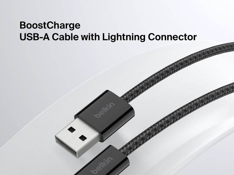 Close-up image of the Belkin BoostCharge USB-A Cable with Lightning Connector, featuring a durable braided design for reliable charging and syncing with Lightning-compatible Apple devices.