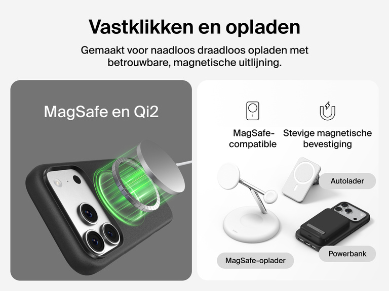 Belkin ScreenForce Protect-hoesje voor de iPhone 17, met opstaande randen ter bescherming van het scherm en de camera en dat gemaakt is ter ondersteuning van naadloos magnetisch draadloos opladen.