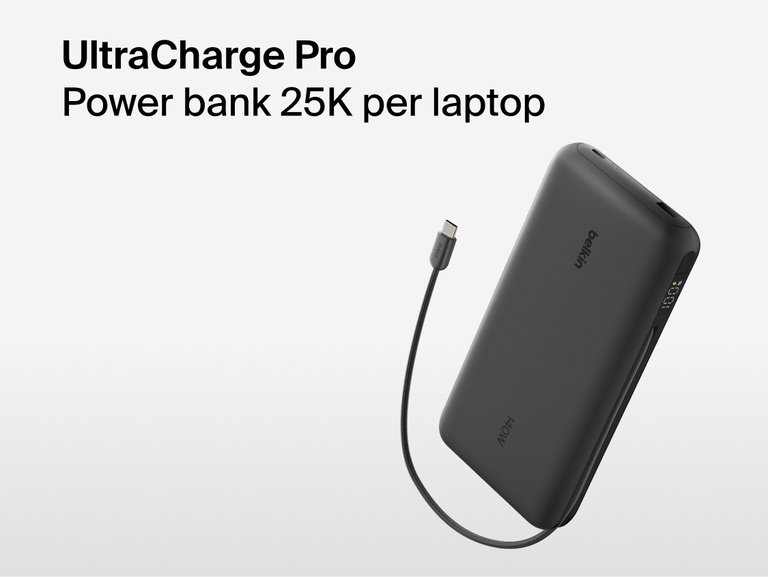 Belkin UltraCharge Pro Laptop Power Bank 25K with integrated cable and digital display, high-capacity portable charger for laptops and devices