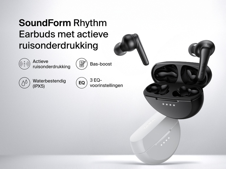 Afbeelding van Belkin SoundForm Rhythm earbuds met ruisonderdrukking in zwart en wit met oplaadcases, en met actieve ruisonderdrukking (ANC), Bas-boost, IPX5-waterbestendigheid en drie equalizervoorinstellingen.