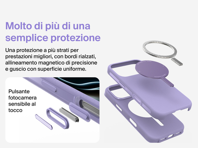 Immagine della custodia Belkin SheerForce Protect Series per iPhone 17 che evidenzia la compatibilit&agrave; con MagSafe e Qi2 per un aggancio magnetico potente a caricabatterie e altri accessori.