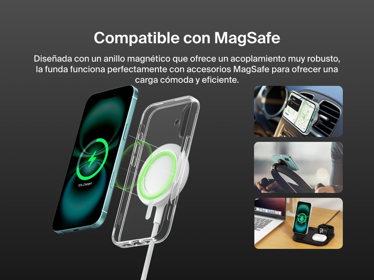 A promotional image showcasing the SheerForce™ Magnetic iPhone Case's MagSafe compatibility. The image highlights how the case securely attaches to MagSafe accessories, including car mounts, phone stands, and wireless charging docks, ensuring a seamless and efficient charging experience. The transparent case features a built-in magnetic ring for a strong connection to MagSafe-enabled devices.