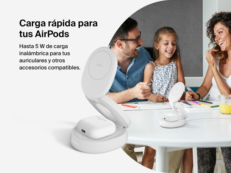 Belkin BoostCharge 2-in-1 Convertible Magnetic Charging Stand with Qi2 15W wirelessly charges AirPods with up to 5W of power, shown in use on a family table.