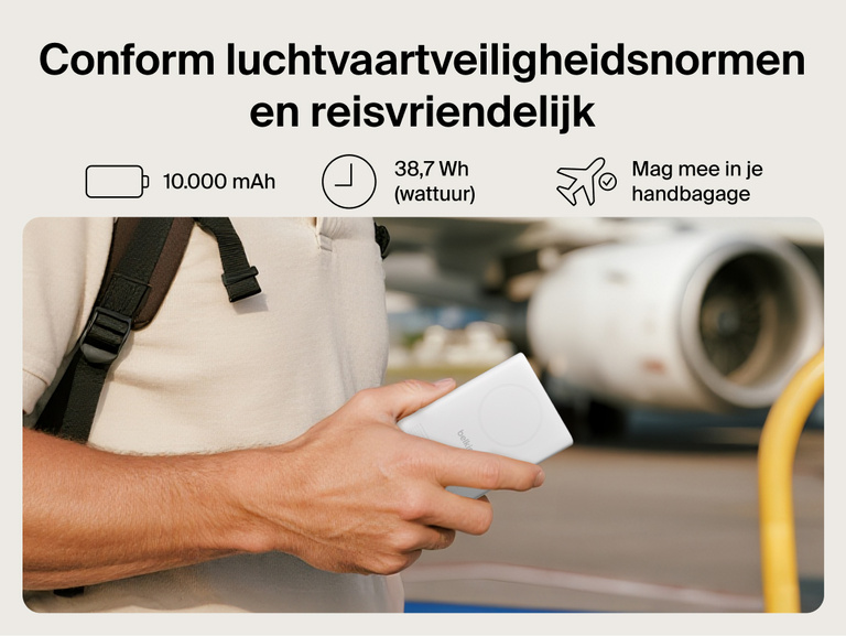 Belkin UltraCharge Pro Power Bank 10K with magnetic ring shown in hand at an airport, highlighting TSA-compliant 10,000 mAh capacity for travel-ready portable charging.