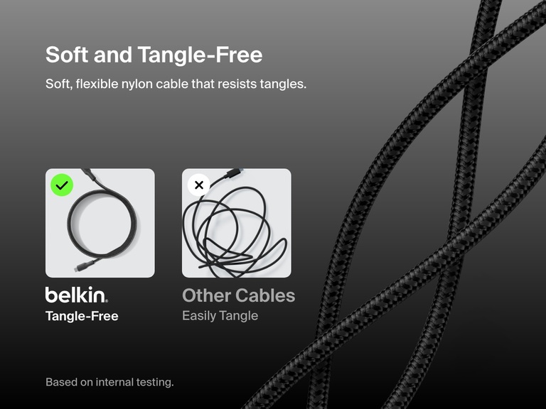 Infographic highlighting the Belkin BoostCharge Pro Braided USB-A to USB-C Cable 15W as a soft, flexible, and tangle-free nylon cable compared to standard cables that easily knot.