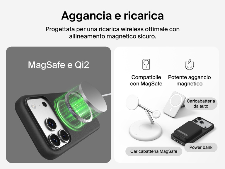 Custodia Belkin SheerForce Protect Series per iPhone 17 con bordi rialzati per la protezione dello schermo e della fotocamera, e design appositamente pensato per garantire una ricarica wireless magnetica ottimale.