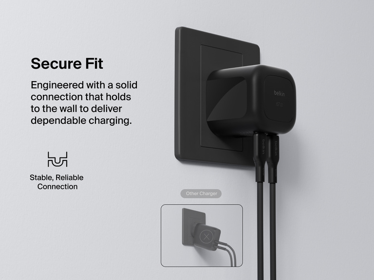 Belkin BoostCharge Pro Dual USB-C GaN Wall Charger 67W shown plugged into an outlet, demonstrating a secure, stable connection for reliable wall charging performance.