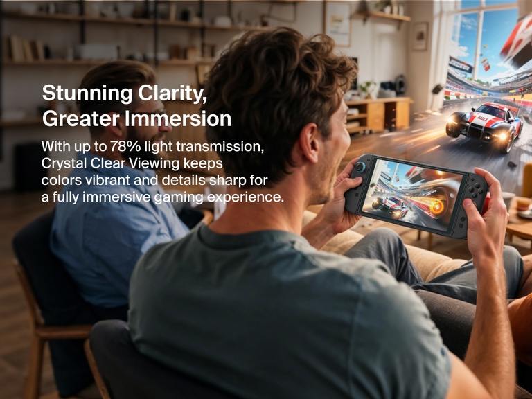 A man plays a racing game on a Nintendo Switch 2 in a warmly lit living room, with another person sitting nearby. The in-game action appears to burst out of the screen, illustrating immersive gameplay. Text on the left reads, “Stunning Clarity, Greater Immersion,” and notes that the Belkin screen protector offers up to 78% light transmission for vibrant colors and sharp details, enhancing the visual experience.