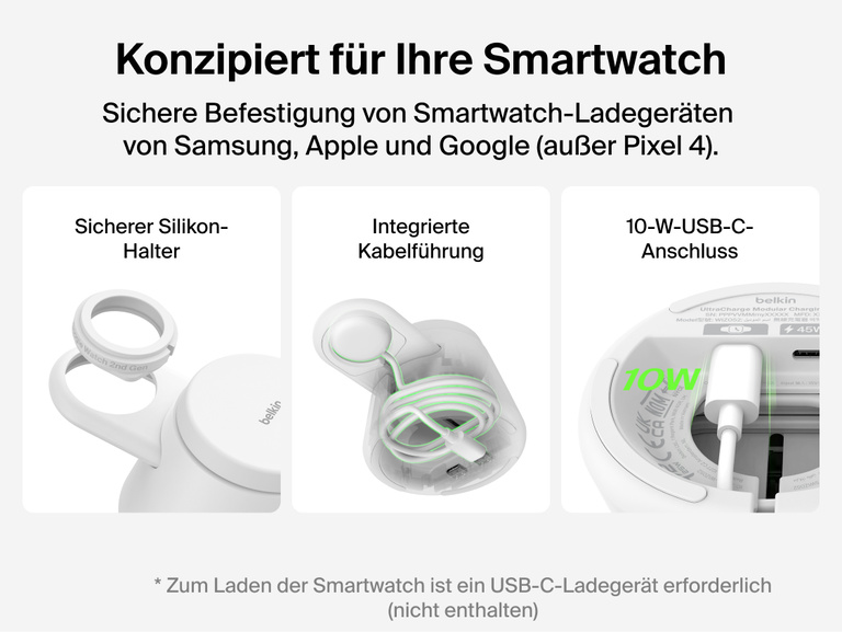 Die Belkin UltraCharge modulare Ladestation mit Qi2&nbsp;25W wird mit ihrem sicheren, passgenauen Smartwatch-Halter mit Silikonoberfl&auml;che, integriertem Kabelmanagement und 10-W-USB-C-Anschluss gezeigt, der zum flexiblen Laden mit kompatiblen Smartwatch-Ladeger&auml;ten von Apple, Google und Samsung dient.