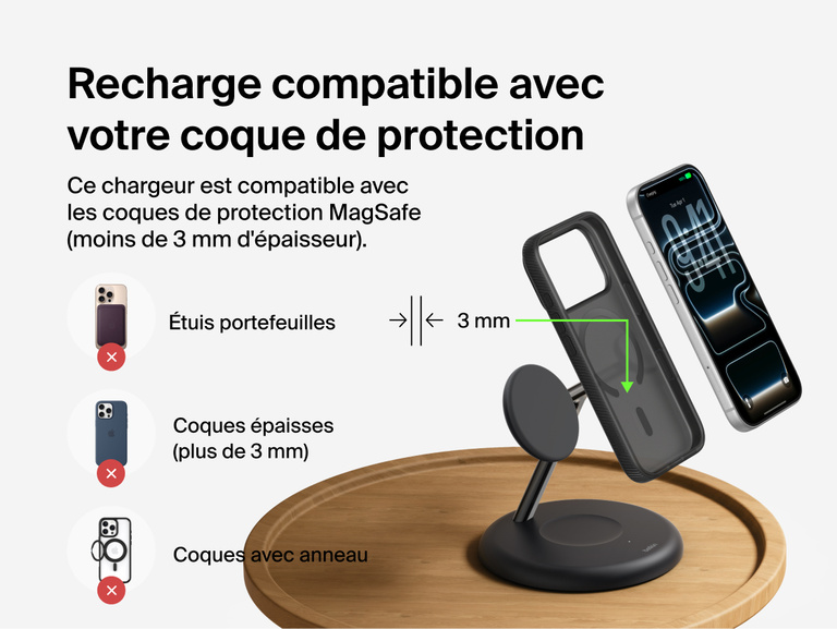 Belkin UltraCharge 3-in-1 Wireless Charging Stand with Qi2 25W demonstrating magnetic charging through MagSafe-compatible phone case up to 3mm thickness with compatibility guidelines shown