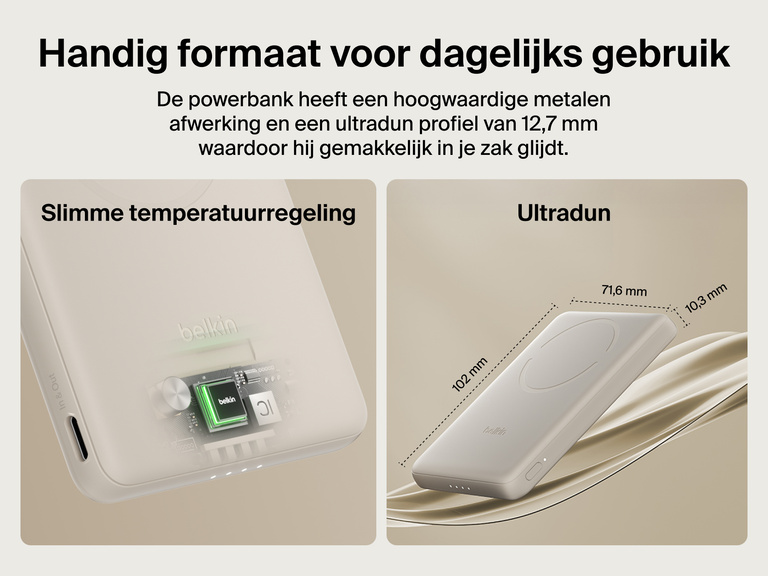 Belkin BoostCharge Slim Magnetic Power Bank 5K shown with smart thermal control and ultra-slim 0.5-inch profile designed for portable, pocket-friendly charging.
