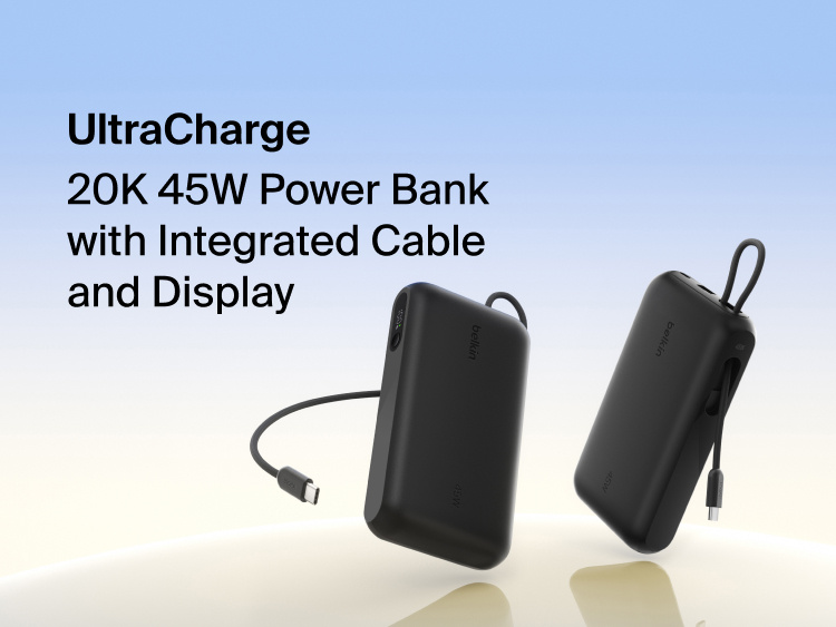 Belkin UltraCharge 20K 45W power bank with integrated USB-C cable and digital display showing portable high-capacity fast charging solution