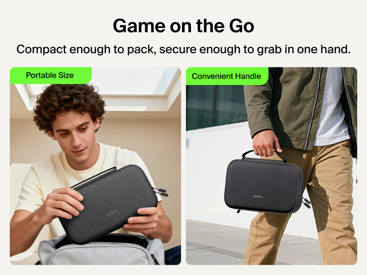 Belkin Gaming Charging Case Pro for Nintendo Switch 2 shown in a compact portable design with convenient carry handle for gaming on the go.