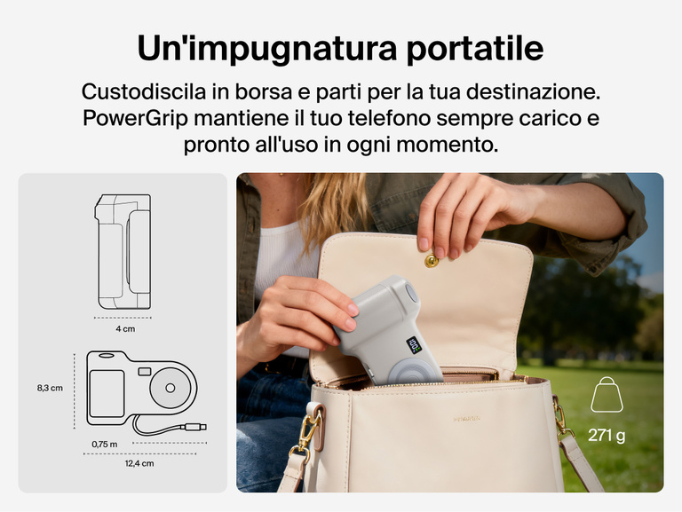 Person placing the Belkin Stage PowerGrip portable magnetic wireless charger into a handbag, shown with product dimensions and lightweight design for easy travel.