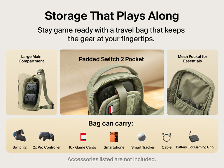 Belkin Gaming Travel Bag for Nintendo Switch 2 features a padded console pocket, mesh accessory storage, and room for controllers, cables, and game cards.