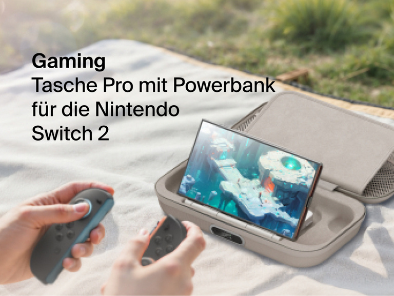 Belkin Gaming Charging Case Pro for Nintendo Switch 2 shown powering the console during outdoor gameplay with built-in charging and protective travel design.