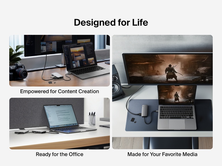 A three-panel image showcases the Belkin Connect USB-C 5-in-1 Multiport Hub in different use cases: content creation with an SD and MicroSD card reader, office work with dual USB-A 3.1 ports, and media enjoyment with a 4K HDMI 2.0 port.