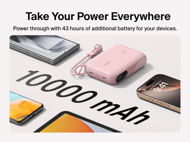 Belkin BoostCharge Power Bank 10K with Display shown surrounded by multiple devices, emphasizing its 10,000 mAh capacity and ability to deliver up to 43 hours of extra battery life on the go.