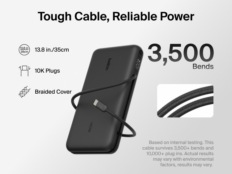 Belkin UltraCharge Pro Laptop Power Bank 25K with durable braided USB-C cable, designed for 3,500 bends and 10,000 plug-ins, delivering reliable high-power charging
