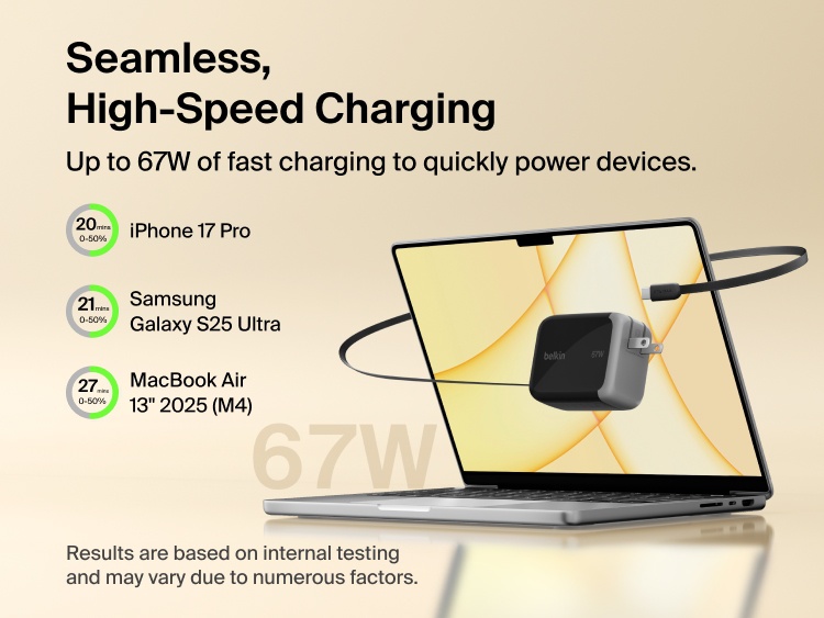 Belkin UltraCharge Retractable GaN Wall Charger 67W fast charging laptop with built-in retractable USB-C cable, delivering high-speed power for iPhone, Samsung Galaxy, and MacBook devices.