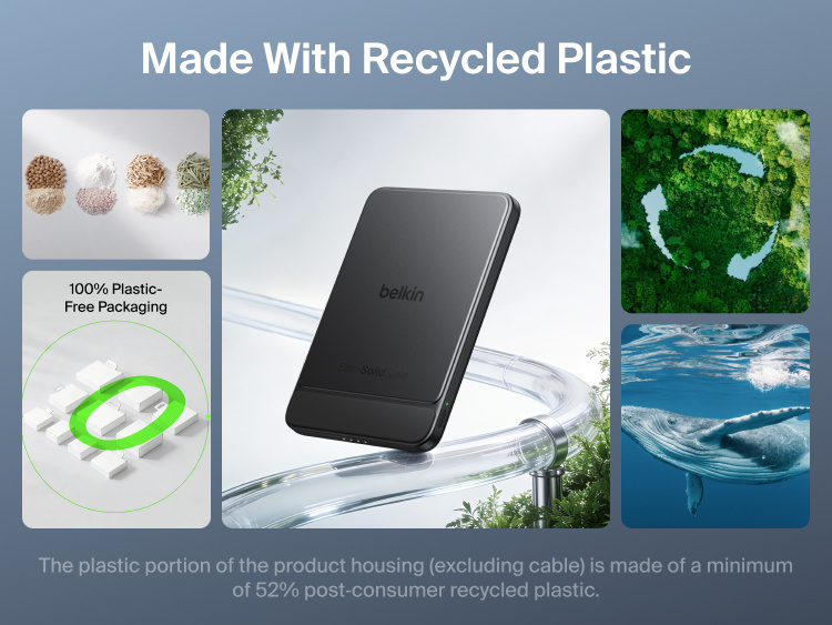 Belkin UltraCharge Pro Slim Magnetic Power Bank 5K with BoostSolid Cell sustainability graphic highlighting recycled plastic construction and 100 percent plastic-free packaging.